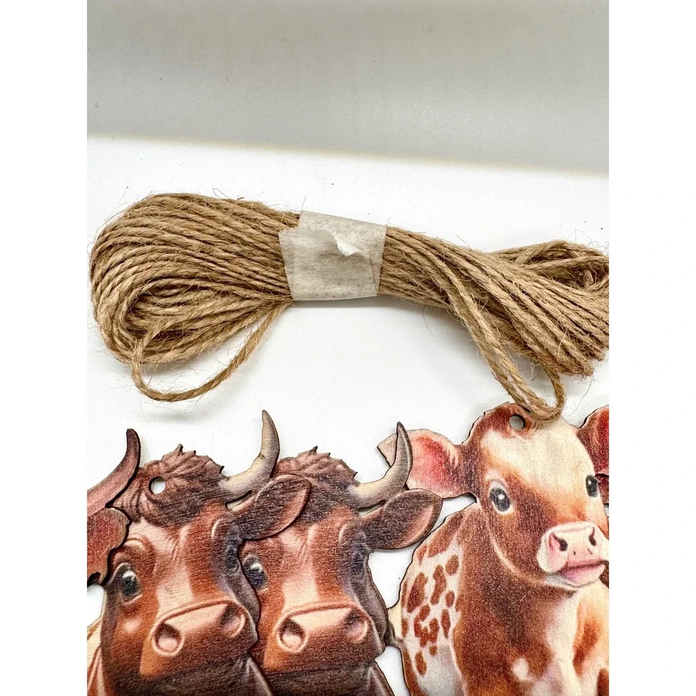 Highland Cow Wooden Ornaments Set Farmhouse Cattle Decor Jute Twine Garland 20pc